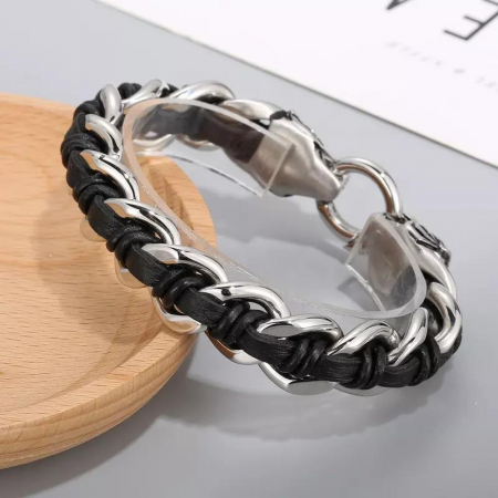 Bratara inox cu piele neagra si capete de Tigru