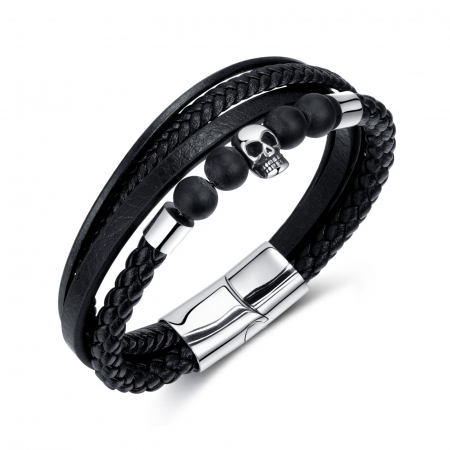 Bratara inox, piele, craniu si bazalt