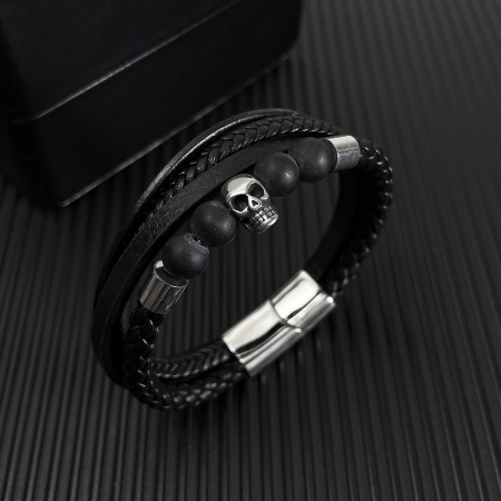 Bratara inox, piele, craniu si bazalt [13]
