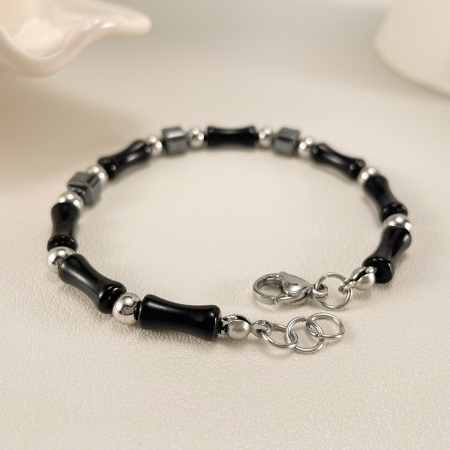 Bratara inox reglabila Bambus Negru cu Onix si Hematite [7]