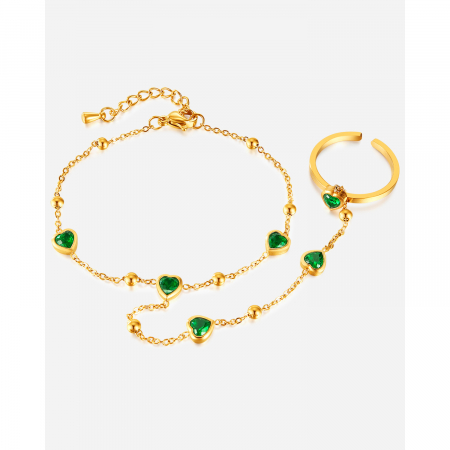 Bratara inox reglabila cu inel si inimioare de zirconii verzi [7]
