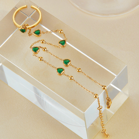 Bratara inox reglabila cu inel si inimioare de zirconii verzi [13]