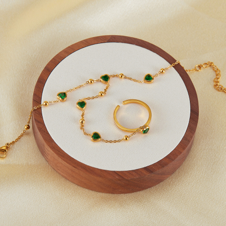 Bratara inox reglabila cu inel si inimioare de zirconii verzi [9]