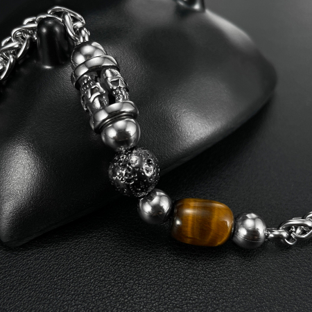Bratara inox reglabila cu ochi de tigru si cranii [7]