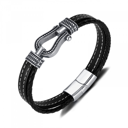 Bratara inox si piele cu potcoava norocoasa
