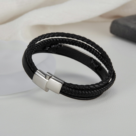 Bratara inox si piele impletita cu placuta spic [6]