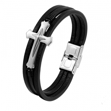 Bratara neagra din piele naturala cu cruce inox