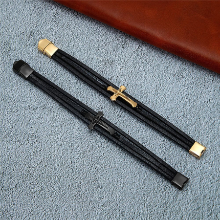 Bratara neagra din piele naturala cu cruce inox [3]