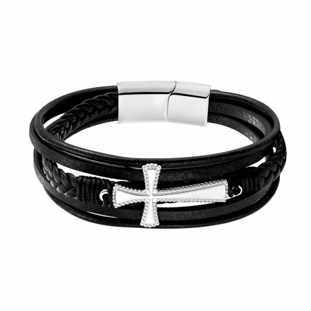 Bratara neagra din piele naturala cu cruce si inchizatoare din inox [1]