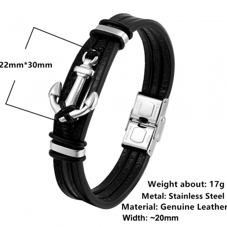 Bratara neagra din piele naturala cu ancora si inchizatoare din inox [1]