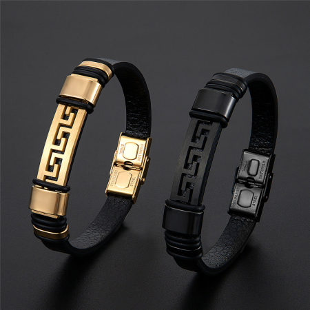 Bratara neagra din piele naturala cu placuta inox auriu [2]