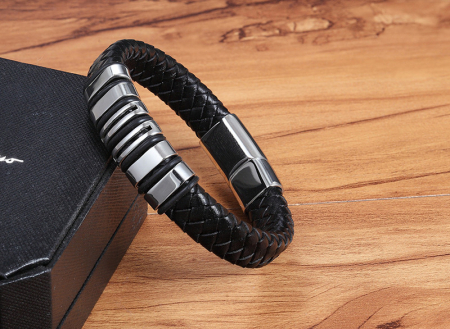 Bratara neagra din piele naturala si inox [1]
