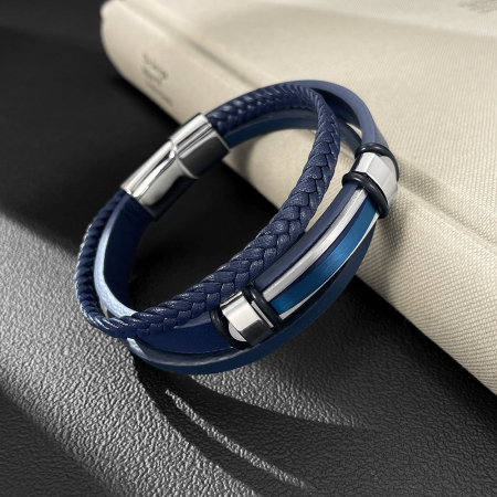 Bratara piele bleumarin si placuta inox cu insertie albastra – Eleganta moderna si rafinament masculin [6]