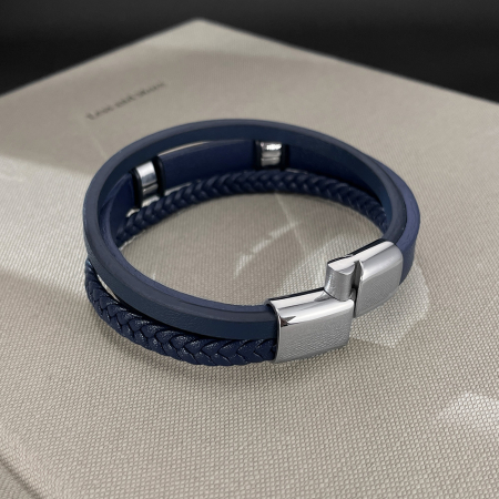 Bratara piele bleumarin si placuta inox cu insertie albastra – Eleganta moderna si rafinament masculin [8]