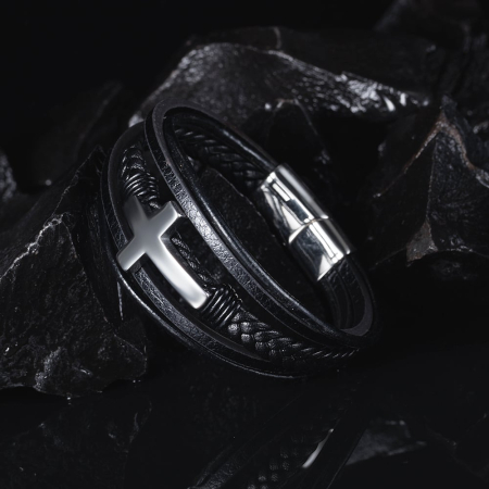 Bratara piele naturala impletita si cruce din inox [14]