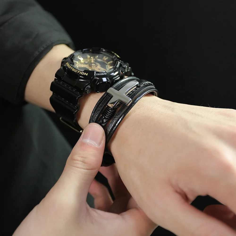 Bratara piele naturala impletita si cruce din inox [3]