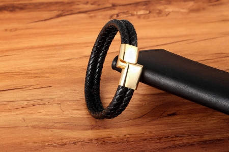 Bratara neagra dubla din piele naturala si inox [2]