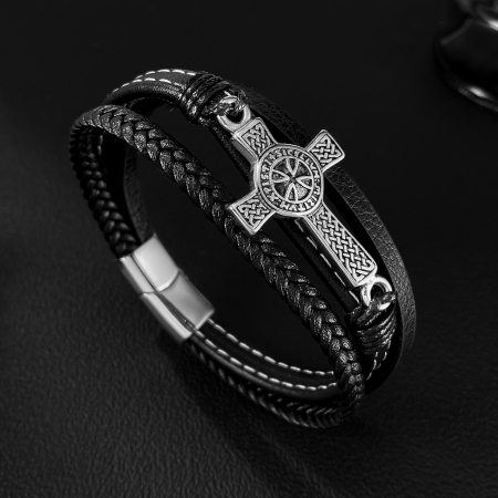 Bratara piele neagra cu cruce celtica din inox – Simbol al credintei si al fortei interioare [9]