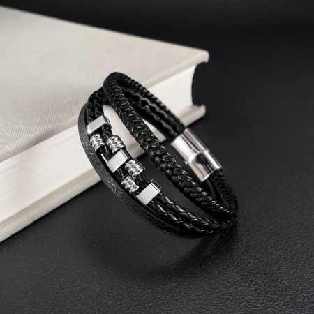 Bratara piele neagra cu detalii metalice din inox – Stil urban masculin [6]