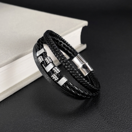Bratara piele neagra cu detalii metalice din inox – Stil urban masculin [13]