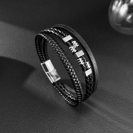 Bratara piele neagra cu detalii metalice din inox – Stil urban masculin [8]