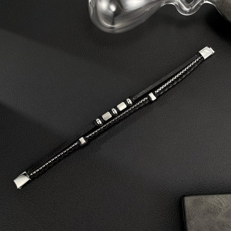 Bratara piele neagra cu lant inox si elemente metalice – Stil modern masculin [13]