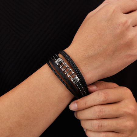 Bratara piele neagra cu lant moto din inox – Simbol al libertatii si energiei masculine [13]