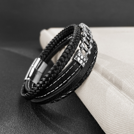 Bratara piele neagra cu lant moto din inox – Simbol al libertatii si energiei masculine [12]