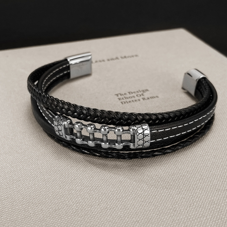 Bratara piele neagra cu lant moto din inox – Simbol al libertatii si energiei masculine [2]