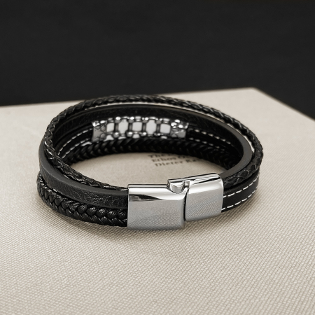 Bratara piele neagra cu lant moto din inox – Simbol al libertatii si energiei masculine [7]