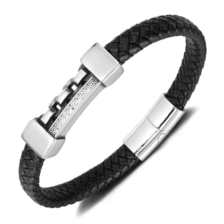 Brățară piele neagră cu lanț și model grecesc din inox – Simbol al puterii și echilibrului