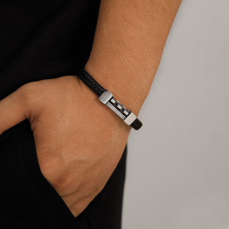 Brățară piele neagră cu lanț și model grecesc din inox – Simbol al puterii și echilibrului [6]