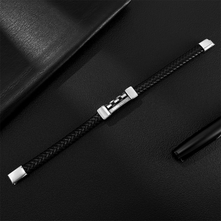 Brățară piele neagră cu lanț și model grecesc din inox – Simbol al puterii și echilibrului [5]