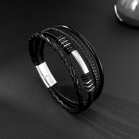 Bratara piele neagra cu multiple fire impletite si detalii inox – Stil urban elegant [9]