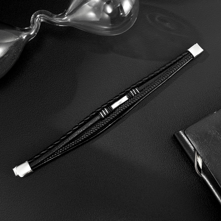 Bratara piele neagra cu multiple fire impletite si detalii inox – Stil urban elegant [6]
