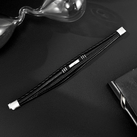 Bratara piele neagra cu multiple fire impletite si detalii inox – Stil urban elegant [10]