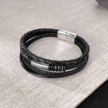 Bratara piele neagra cu multiple fire impletite si detalii inox – Stil urban elegant [4]