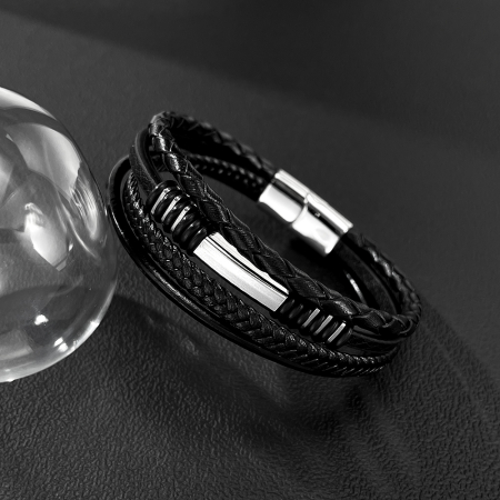 Bratara piele neagra cu multiple fire impletite si detalii inox – Stil urban elegant [2]