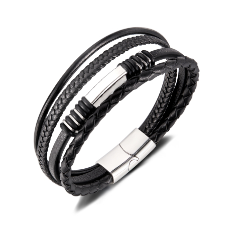 Bratara piele neagra cu multiple fire impletite si detalii inox – Stil urban elegant
