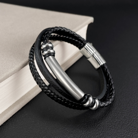 Bratara piele neagra cu placuta inox si detalii metalice – Design rafinat masculin [8]