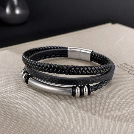 Bratara piele neagra cu placuta inox si detalii metalice – Design rafinat masculin [5]
