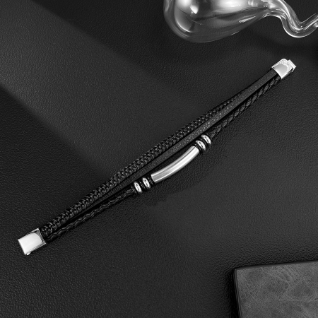Bratara piele neagra cu placuta inox si detalii metalice – Design rafinat masculin [13]