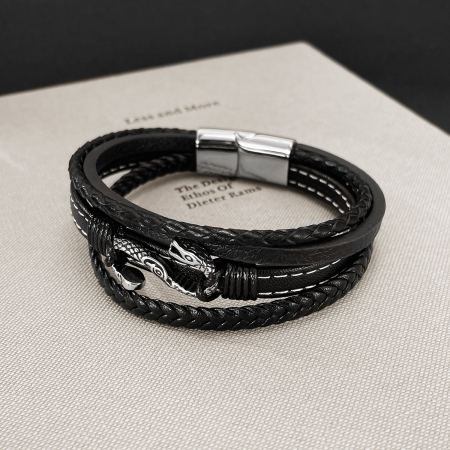 Bratara piele neagra cu sarpe din inox – Simbol al puterii si renasterii [10]