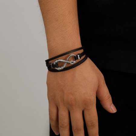 Brățară piele neagră cu simbol infinit și șarpe din inox – Putere, mister și echilibru etern [6]