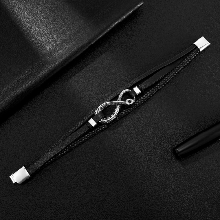 Brățară piele neagră cu simbol infinit și șarpe din inox – Putere, mister și echilibru etern [5]