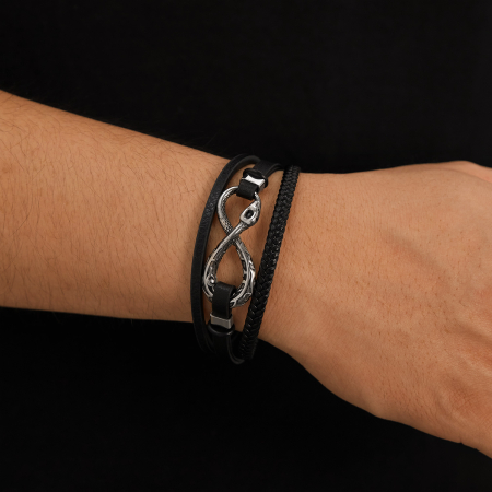 Brățară piele neagră cu simbol infinit și șarpe din inox – Putere, mister și echilibru etern [10]