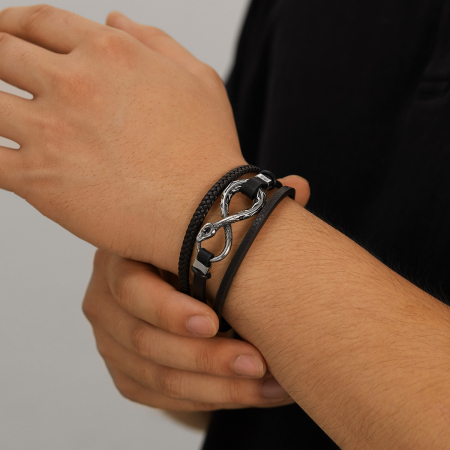 Brățară piele neagră cu simbol infinit și șarpe din inox – Putere, mister și echilibru etern [11]