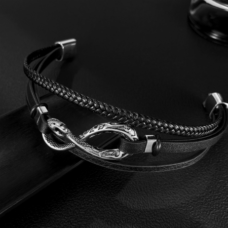 Brățară piele neagră cu simbol infinit și șarpe din inox – Putere, mister și echilibru etern [2]