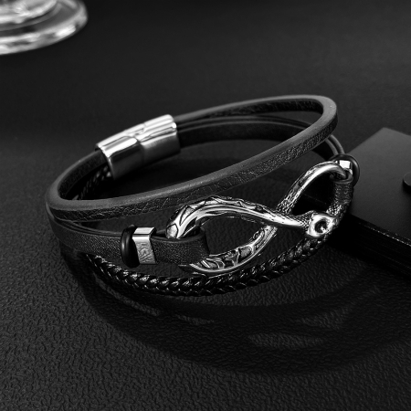 Brățară piele neagră cu simbol infinit și șarpe din inox – Putere, mister și echilibru etern [4]