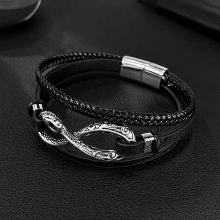 Brățară piele neagră cu simbol infinit și șarpe din inox – Putere, mister și echilibru etern [12]